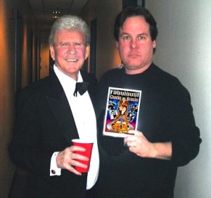 Shawn Swords with singer Bobby Rydell holding Swords' last release, Charlie Gracie: Fabulous. 