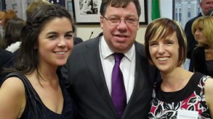 Ireland Taoiseach Brian Cowan with Mid-Atlantic Rose of Tralee Mairead Conley, left, and Siobhan Lyons, executive director of the Irish Immigration Center of Philadelphia.