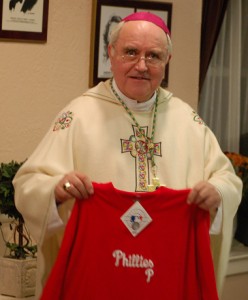 Derry Bishop Seamus Hegarty with his Phillies shirt, a gift from the Philadelphia Derry Society. 