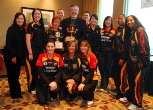 Gerry Adams, center, with the Mairead Farrell Ladies Junior Football Club in Philadelphia.