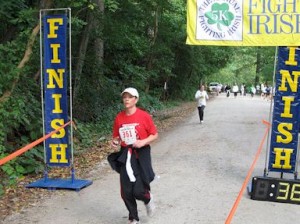 The big sign says: Finish. A welcome sight, no doubt, to runner Shauna Frye.