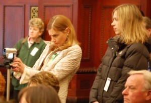 Sarah, left, and Mary Conaghan filming at Philly's City Hall. 