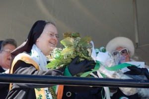 Sister James Anne, receiving flowers at the St. Patrick's Day Parade in 2008.