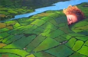 The most famous of Barry Maguire's paintings is this depiction of a child sleeping under a quilt of the Irish countryside.