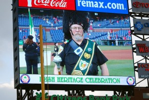 Brian Boru's drum major on the largest Jumbotron in the National League.